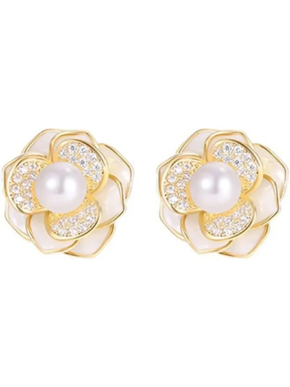 Elegant Pearl Flower Stud Earrings - 14K Gold Plated, CZ Cubic Zirconia Jewelry